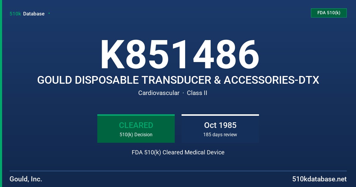 K851486 GOULD DISPOSABLE TRANSDUCER & ACCESSORIES-DTX FDA 510(k) Cleared Medical Device