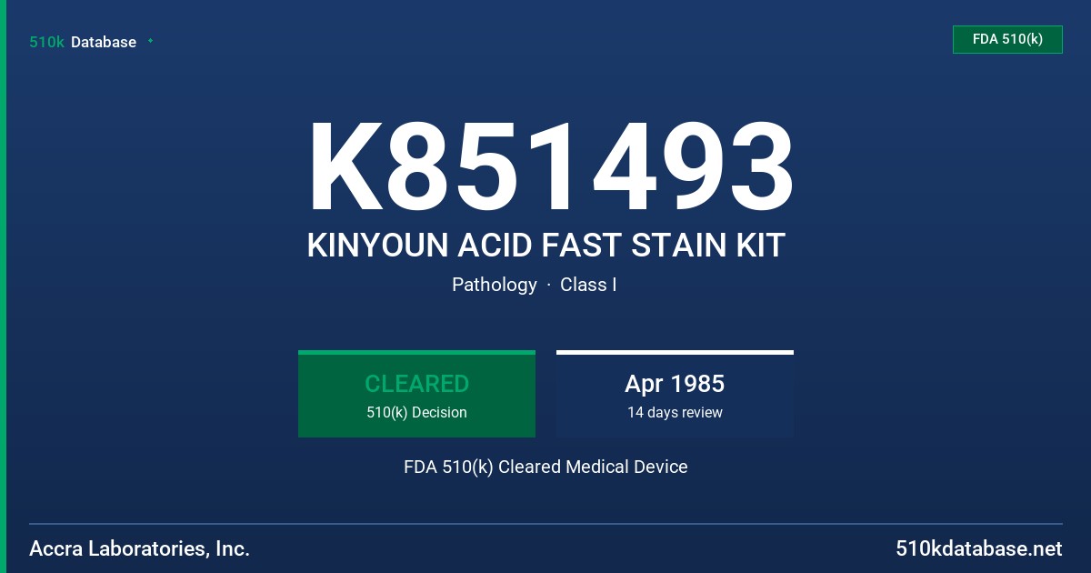 K851493 KINYOUN ACID FAST STAIN KIT FDA 510(k) Cleared Medical Device