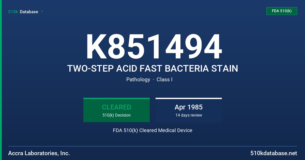 K851494 TWO-STEP ACID FAST BACTERIA STAIN FDA 510(k) Cleared Medical Device