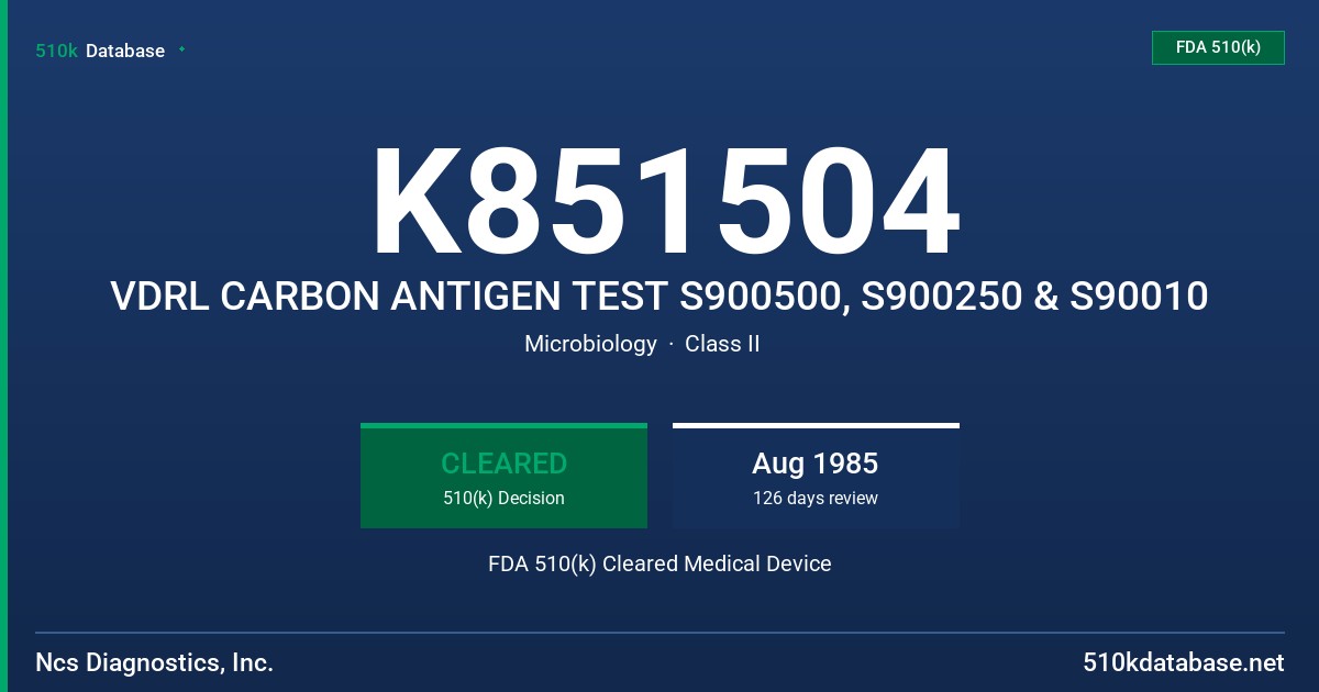 K851504 VDRL CARBON ANTIGEN TEST S900500, S900250 & S90010 FDA 510(k) Cleared Medical Device