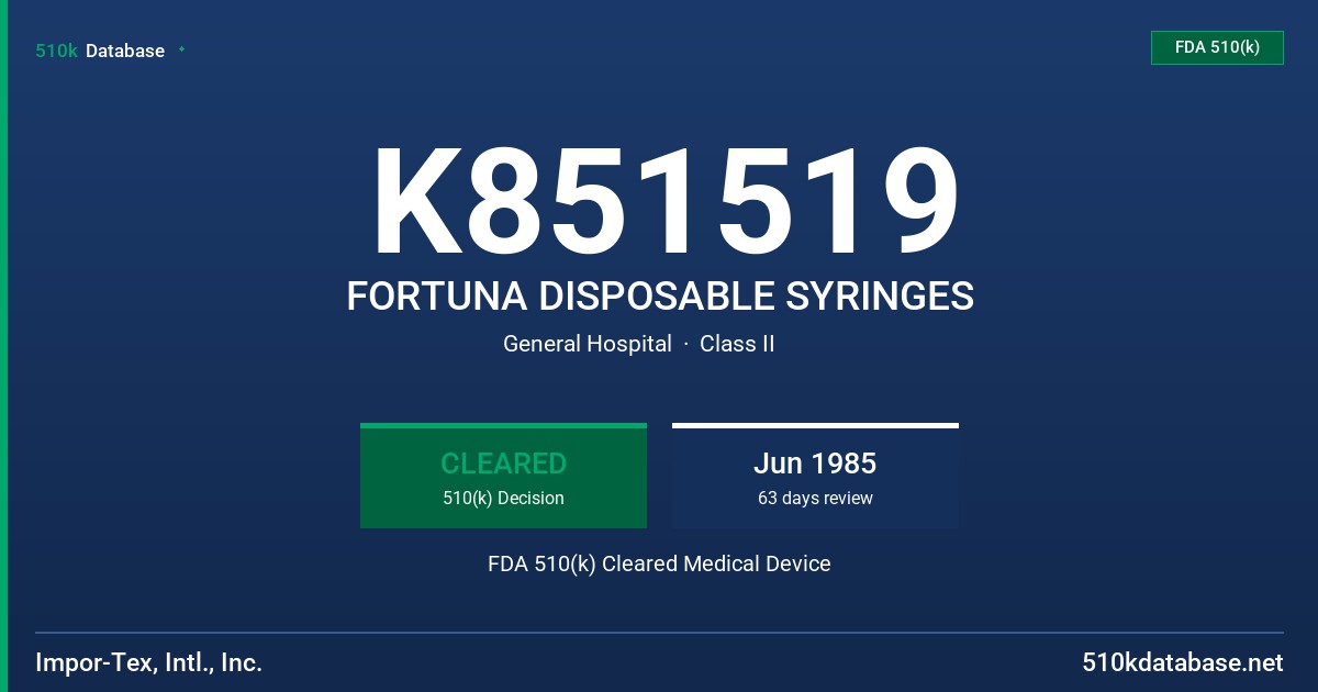 K851519 FORTUNA DISPOSABLE SYRINGES FDA 510(k) Cleared Medical Device