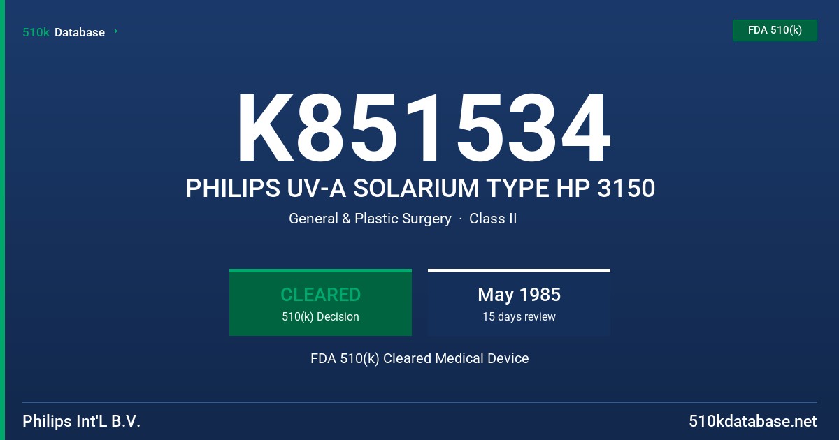 K851534 PHILIPS UV-A SOLARIUM TYPE HP 3150 FDA 510(k) Cleared Medical Device