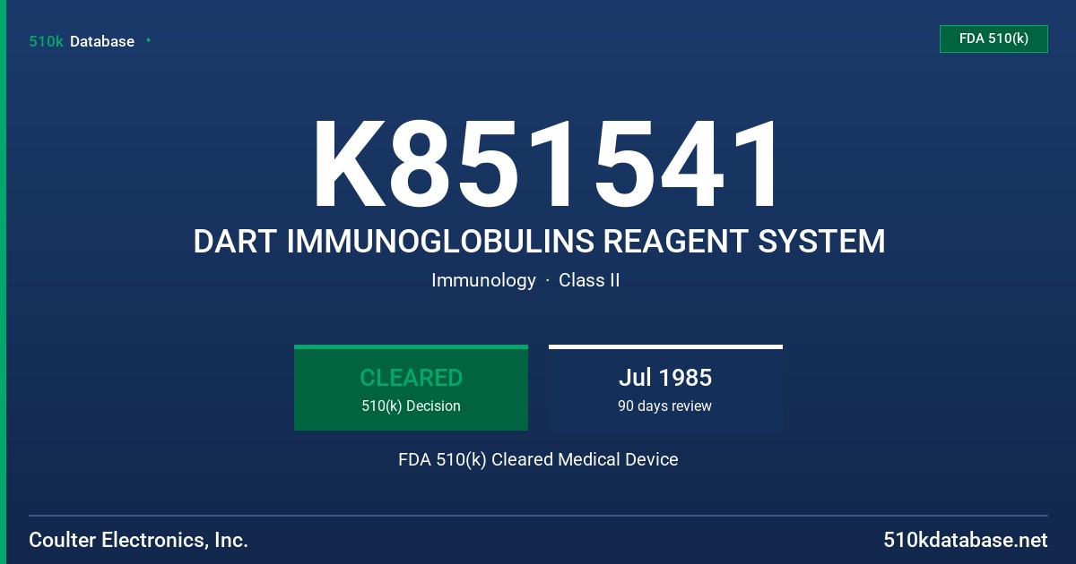 K851541 DART IMMUNOGLOBULINS REAGENT SYSTEM FDA 510(k) Cleared Medical Device