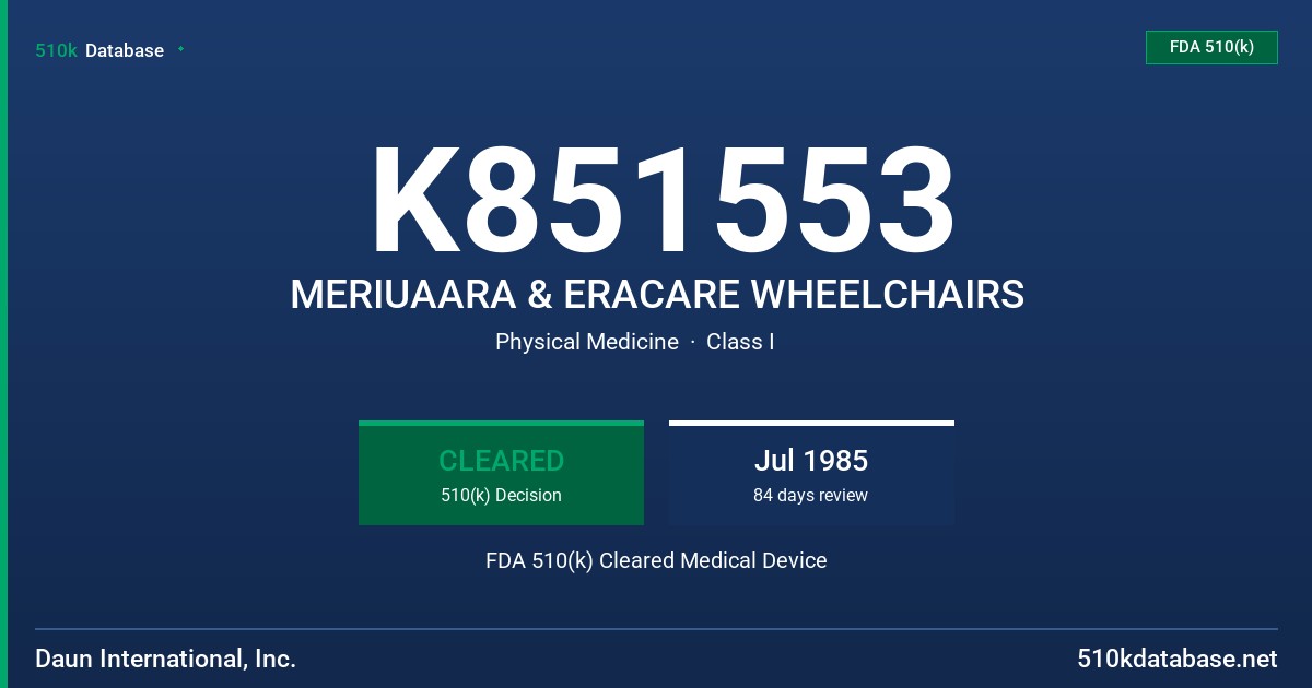 K851553 MERIUAARA & ERACARE WHEELCHAIRS FDA 510(k) Cleared Medical Device