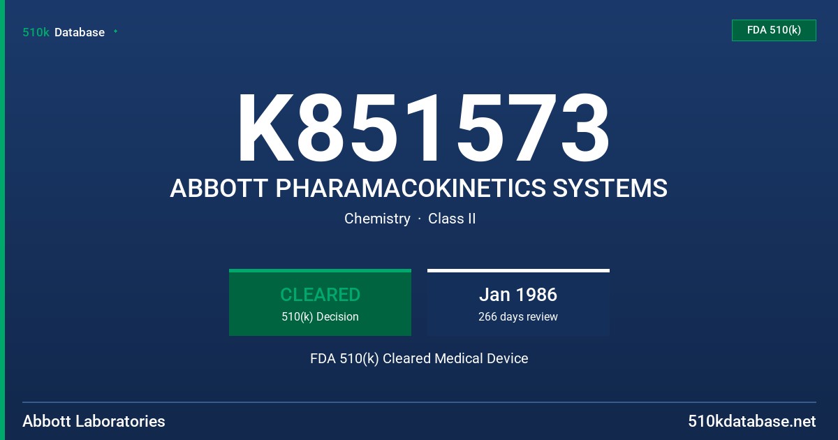 K851573 ABBOTT PHARAMACOKINETICS SYSTEMS FDA 510(k) Cleared Medical Device