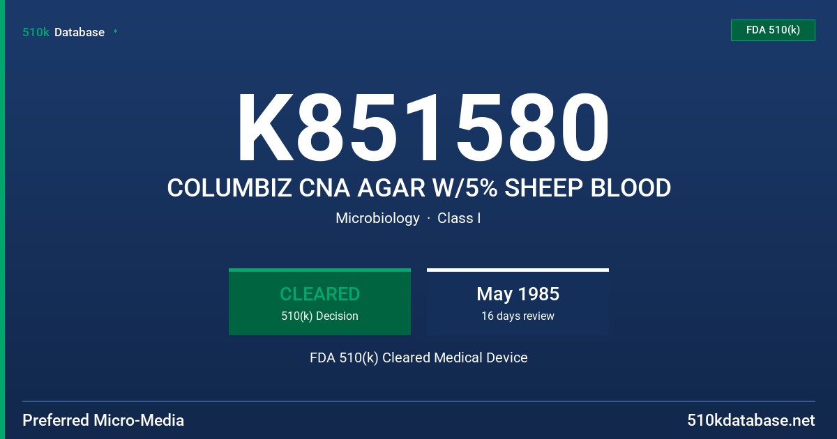 K851580 COLUMBIZ CNA AGAR W/5% SHEEP BLOOD FDA 510(k) Cleared Medical Device