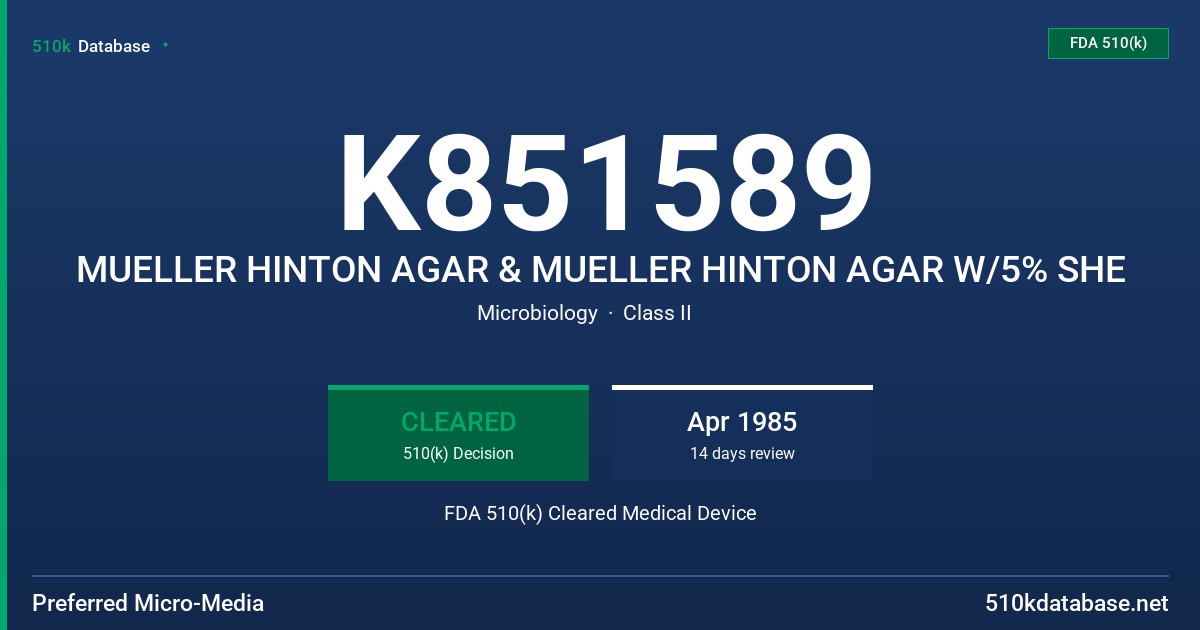 K851589 MUELLER HINTON AGAR & MUELLER HINTON AGAR W/5% SHE FDA 510(k) Cleared Medical Device