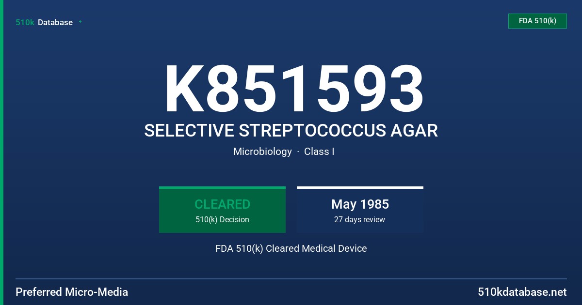 K851593 SELECTIVE STREPTOCOCCUS AGAR FDA 510(k) Cleared Medical Device