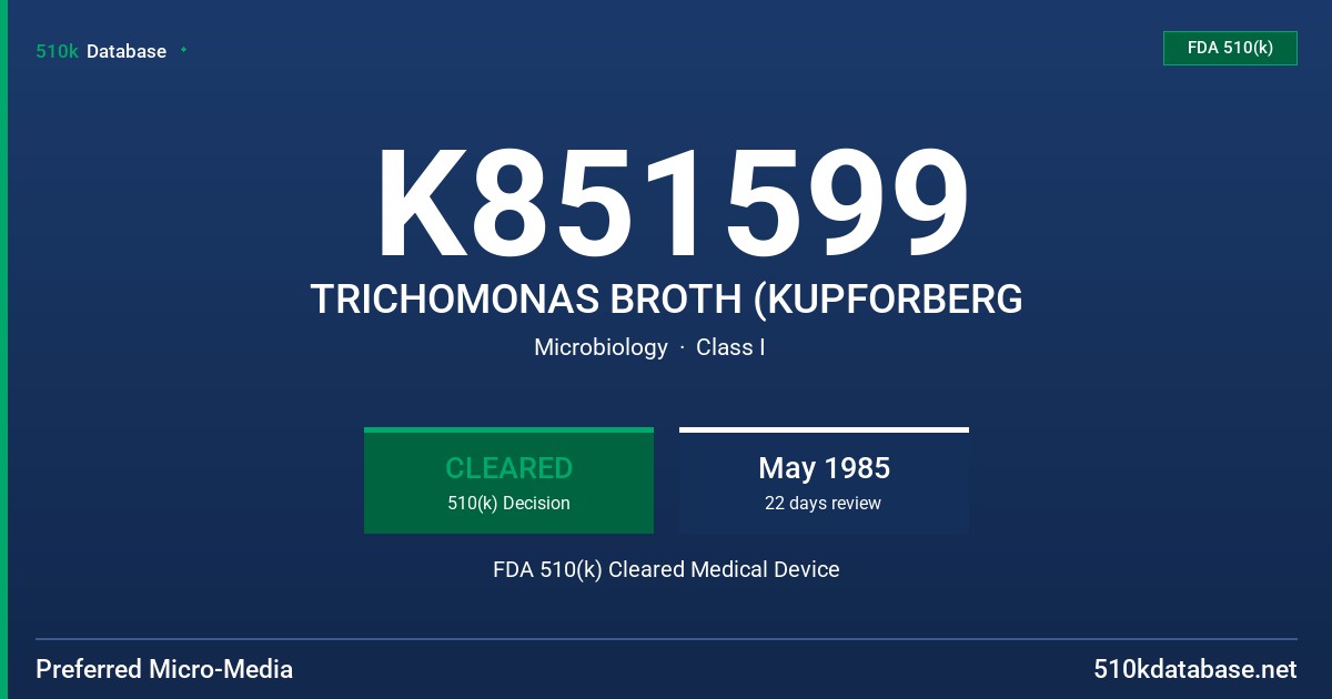 K851599 TRICHOMONAS BROTH (KUPFORBERG FDA 510(k) Cleared Medical Device