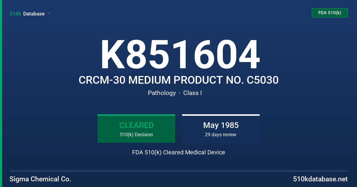 K851604 CRCM-30 MEDIUM PRODUCT NO. C5030 FDA 510(k) Cleared Medical Device