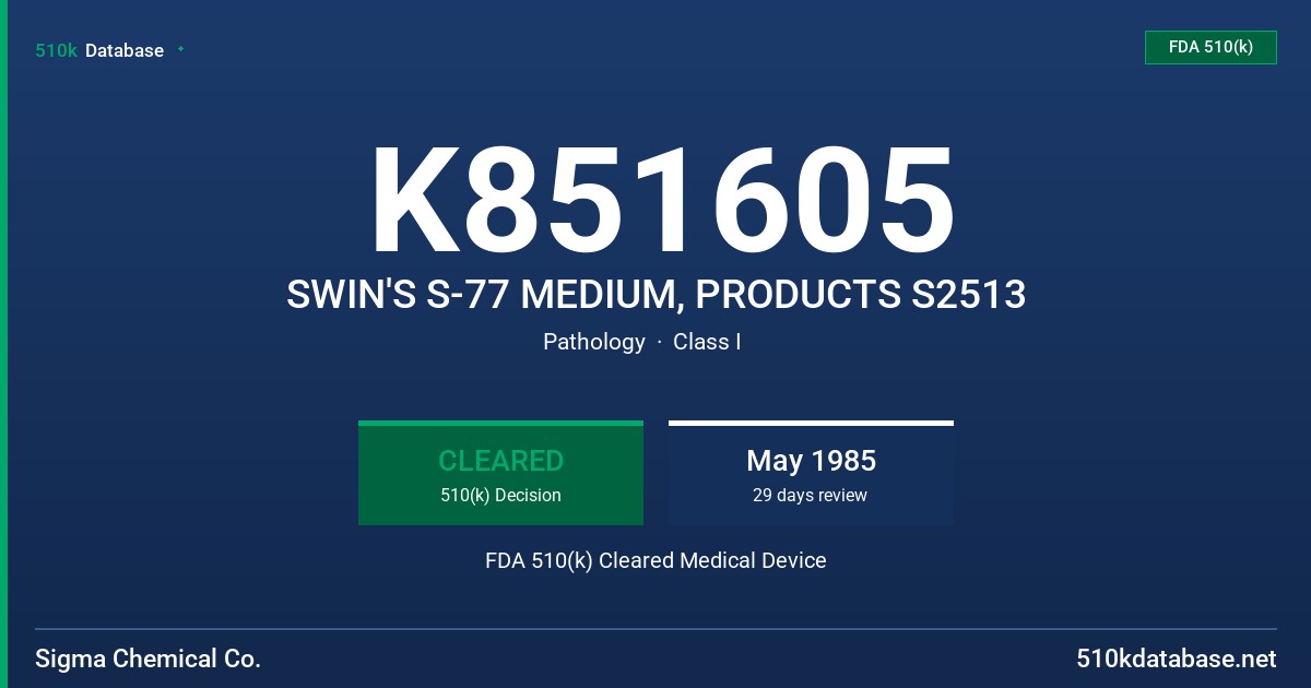 K851605 SWIN'S S-77 MEDIUM, PRODUCTS S2513 FDA 510(k) Cleared Medical Device