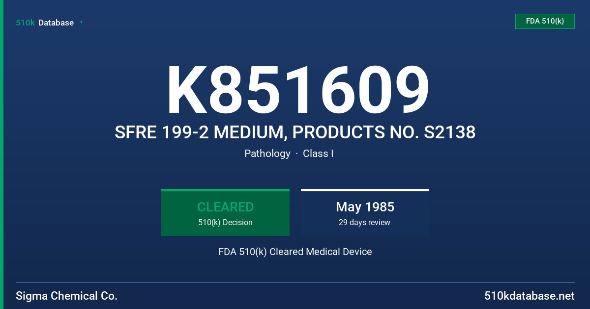 K851609 SFRE 199-2 MEDIUM, PRODUCTS NO. S2138 FDA 510(k) Cleared Medical Device