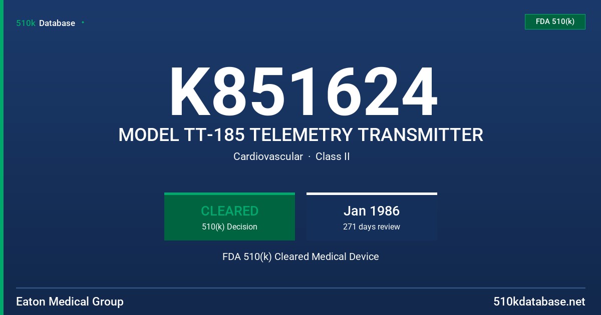 K851624 MODEL TT-185 TELEMETRY TRANSMITTER FDA 510(k) Cleared Medical Device