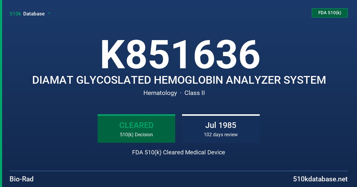 K851636 DIAMAT GLYCOSLATED HEMOGLOBIN ANALYZER SYSTEM FDA 510(k) Cleared Medical Device