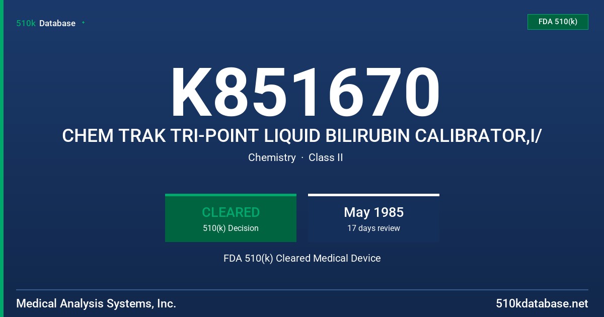 K851670 CHEM TRAK TRI-POINT LIQUID BILIRUBIN CALIBRATOR,I/ FDA 510(k) Cleared Medical Device