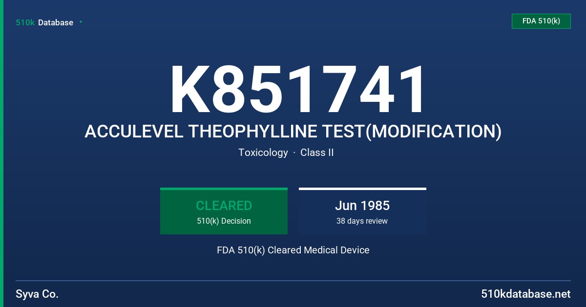 K851741 ACCULEVEL THEOPHYLLINE TEST(MODIFICATION) FDA 510(k) Cleared Medical Device