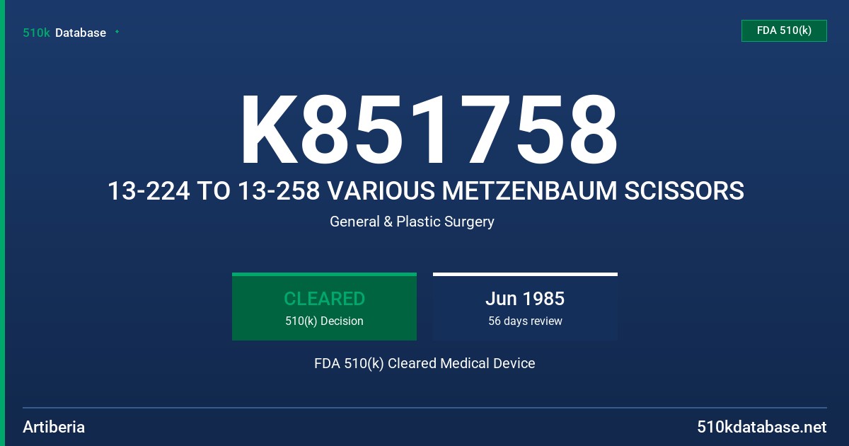 K851758 13-224 TO 13-258 VARIOUS METZENBAUM SCISSORS FDA 510(k) Cleared Medical Device