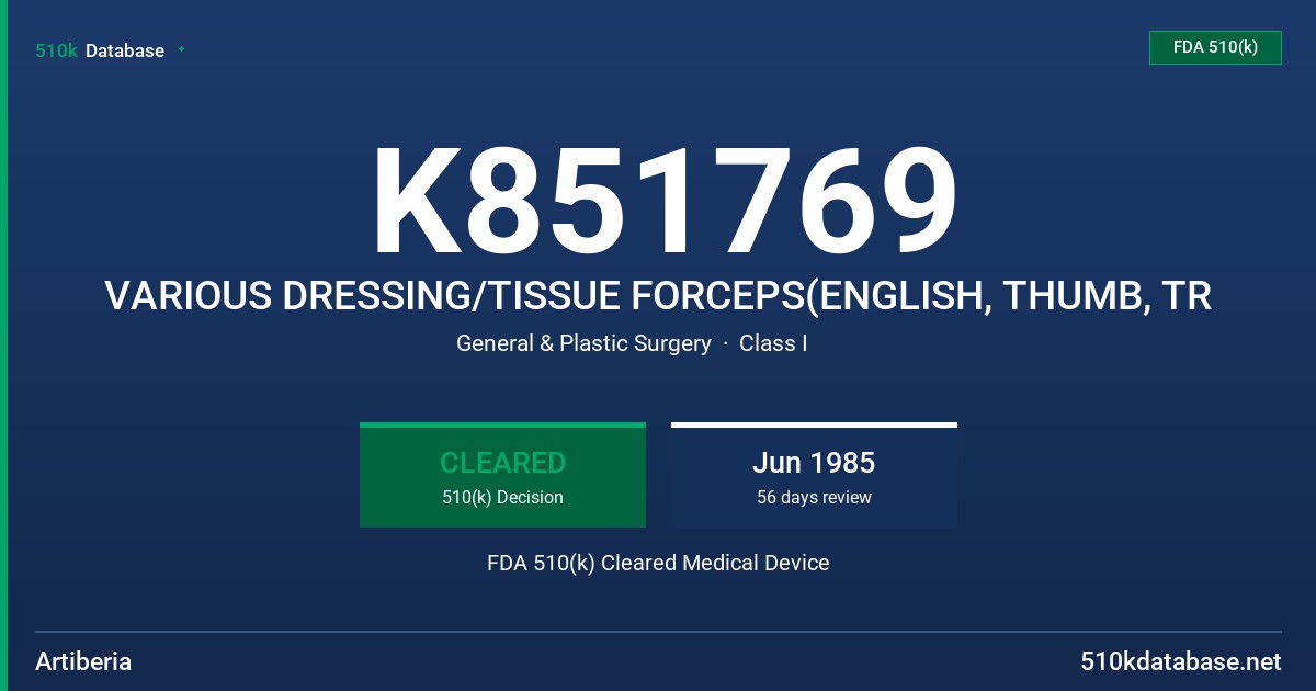 K851769 VARIOUS DRESSING/TISSUE FORCEPS(ENGLISH, THUMB, TR FDA 510(k) Cleared Medical Device