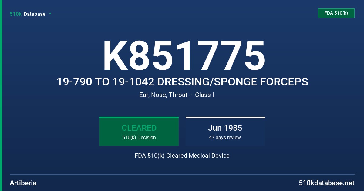 K851775 19-790 TO 19-1042 DRESSING/SPONGE FORCEPS FDA 510(k) Cleared Medical Device