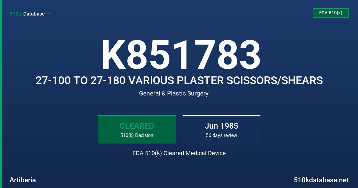K851783 27-100 TO 27-180 VARIOUS PLASTER SCISSORS/SHEARS FDA 510(k) Cleared Medical Device