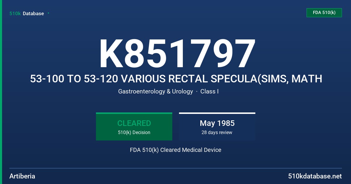 K851797 53-100 TO 53-120 VARIOUS RECTAL SPECULA(SIMS, MATH FDA 510(k) Cleared Medical Device