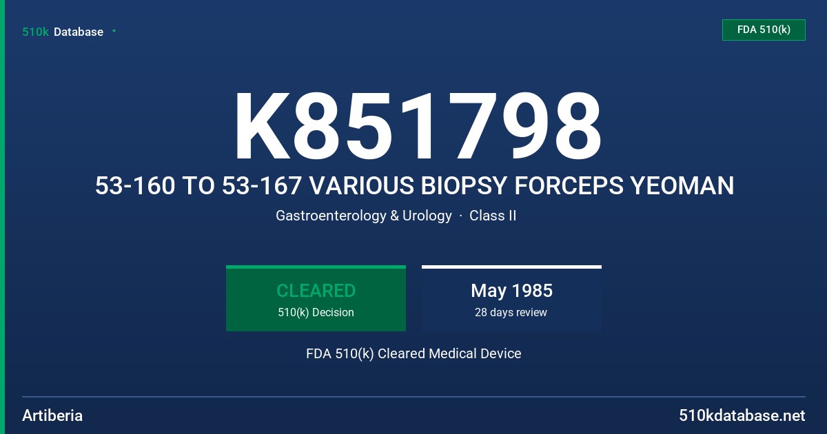 K851798 53-160 TO 53-167 VARIOUS BIOPSY FORCEPS YEOMAN FDA 510(k) Cleared Medical Device