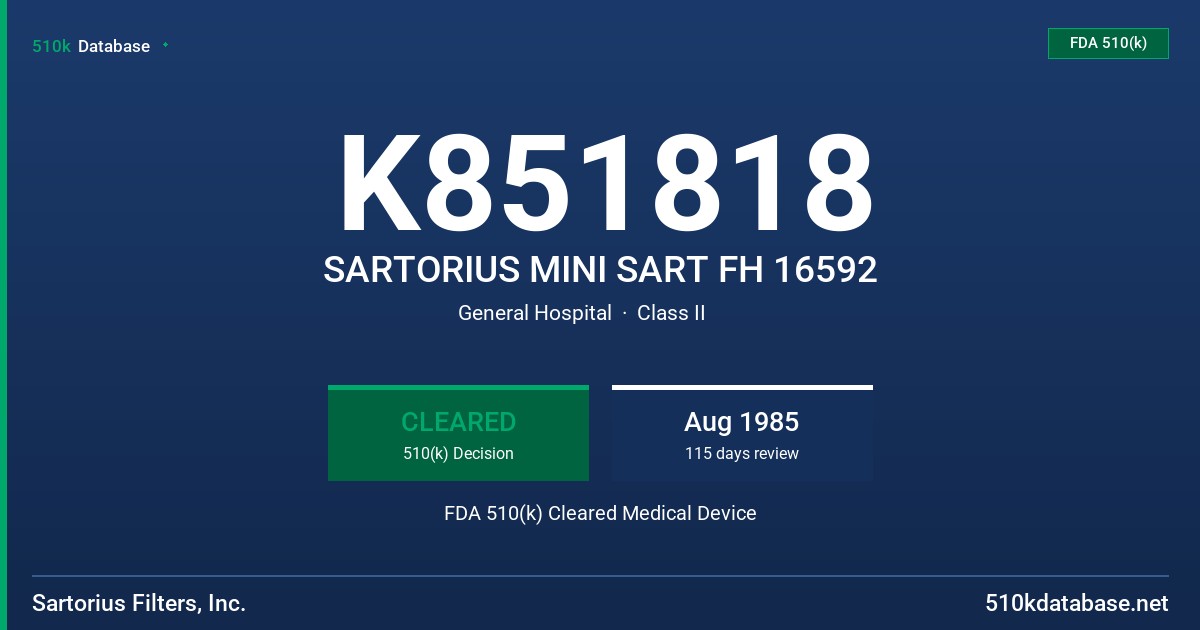 K851818 SARTORIUS MINI SART FH 16592 FDA 510(k) Cleared Medical Device