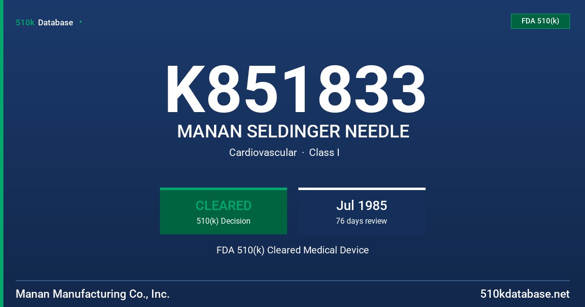 K851833 MANAN SELDINGER NEEDLE FDA 510(k) Cleared Medical Device