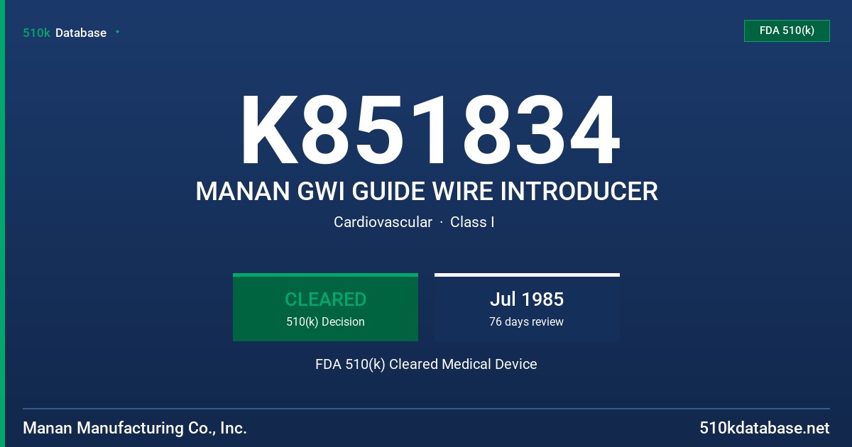 K851834 MANAN GWI GUIDE WIRE INTRODUCER FDA 510(k) Cleared Medical Device
