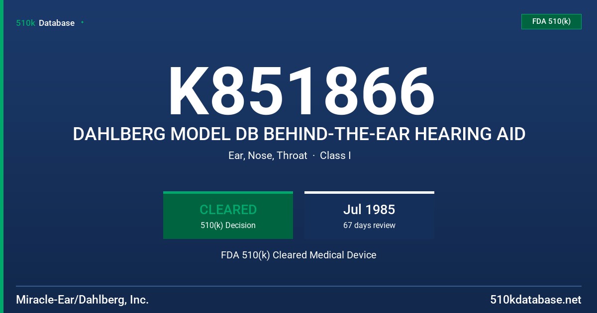K851866 DAHLBERG MODEL DB BEHIND-THE-EAR HEARING AID FDA 510(k) Cleared Medical Device