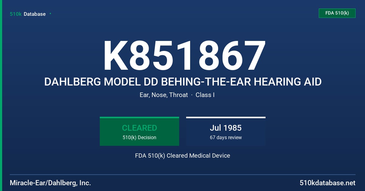 K851867 DAHLBERG MODEL DD BEHING-THE-EAR HEARING AID FDA 510(k) Cleared Medical Device