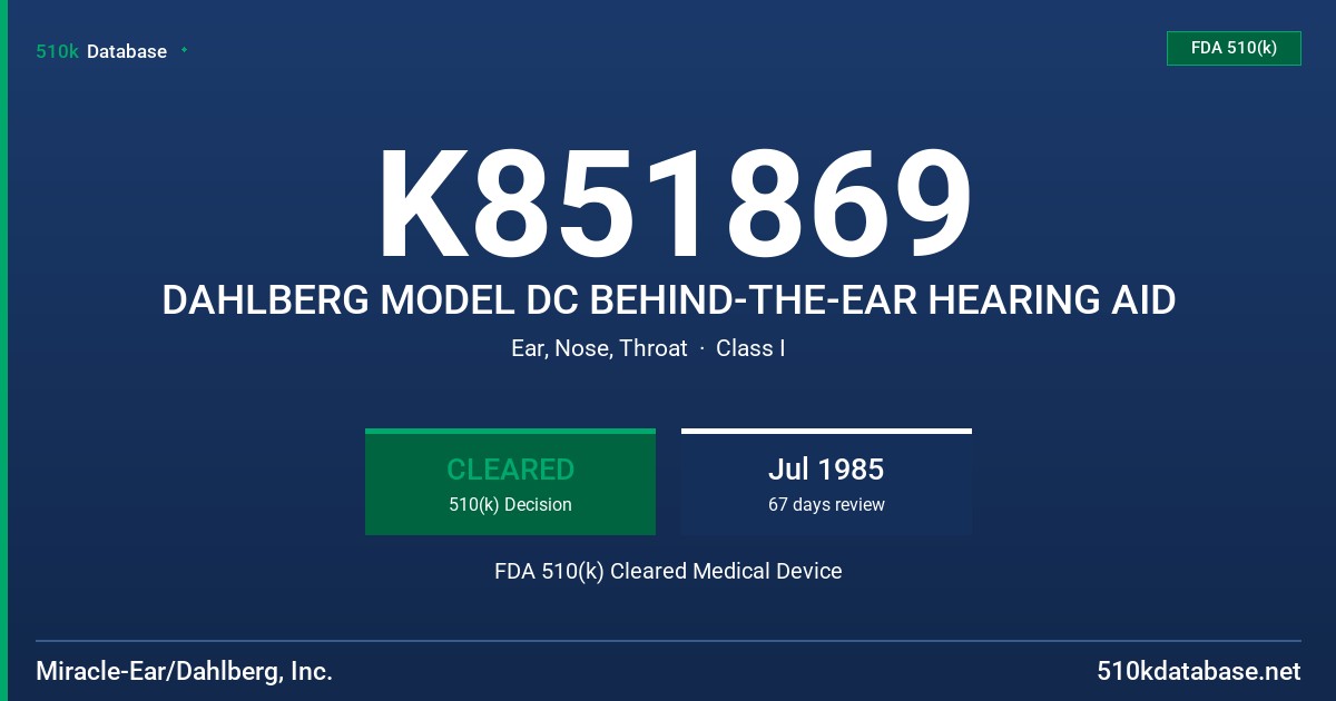 K851869 DAHLBERG MODEL DC BEHIND-THE-EAR HEARING AID FDA 510(k) Cleared Medical Device