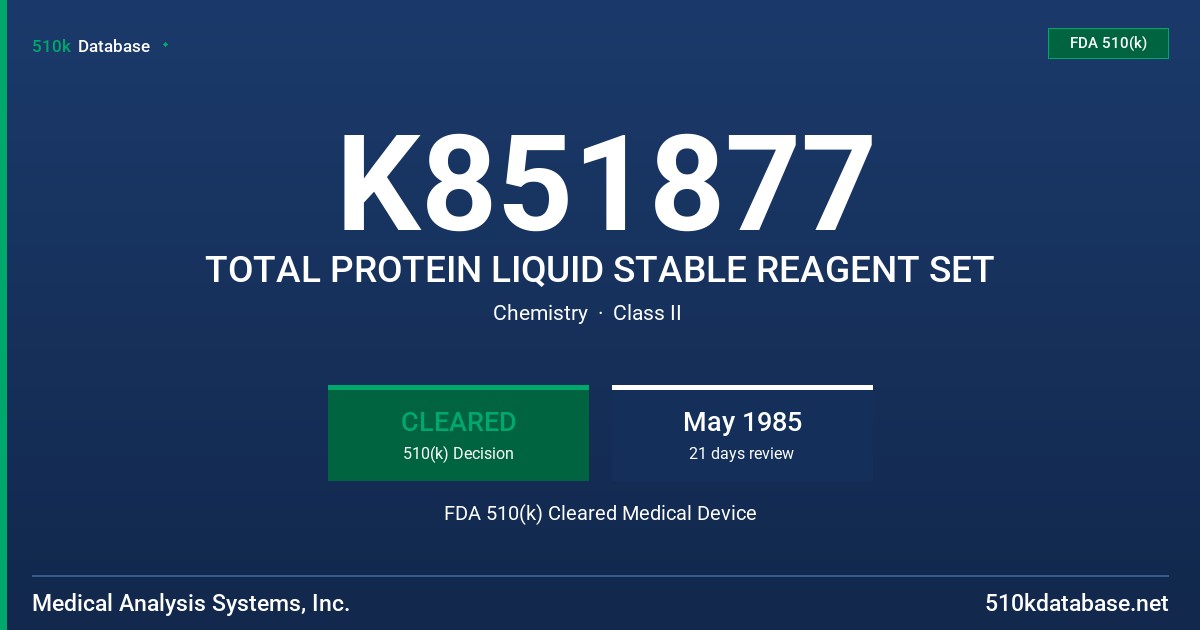 K851877 TOTAL PROTEIN LIQUID STABLE REAGENT SET FDA 510(k) Cleared Medical Device