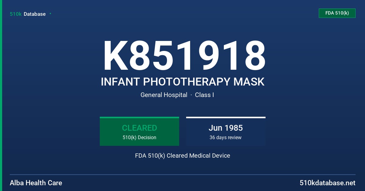 K851918 INFANT PHOTOTHERAPY MASK FDA 510(k) Cleared Medical Device