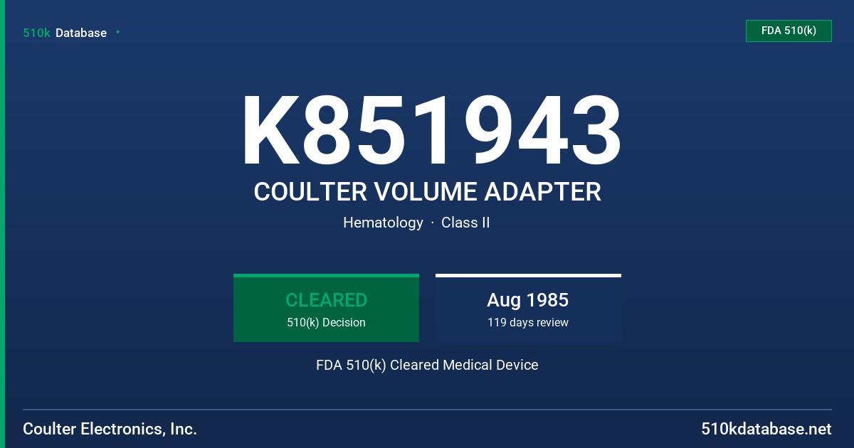 K851943 COULTER VOLUME ADAPTER FDA 510(k) Cleared Medical Device