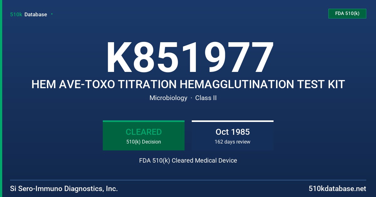 K851977 HEM AVE-TOXO TITRATION HEMAGGLUTINATION TEST KIT FDA 510(k) Cleared Medical Device
