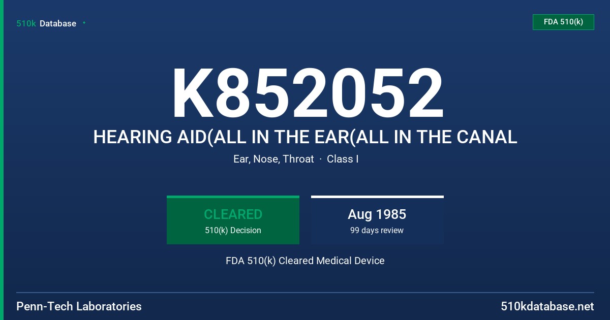 K852052 HEARING AID(ALL IN THE EAR(ALL IN THE CANAL FDA 510(k) Cleared Medical Device
