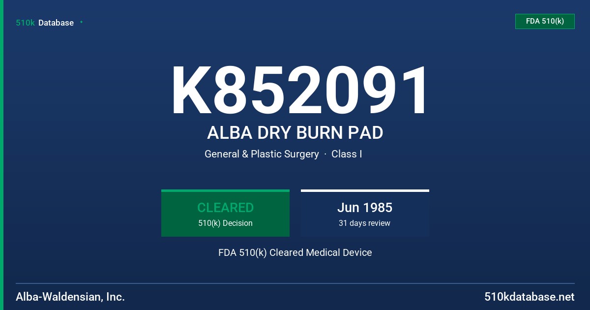 K852091 ALBA DRY BURN PAD FDA 510(k) Cleared Medical Device