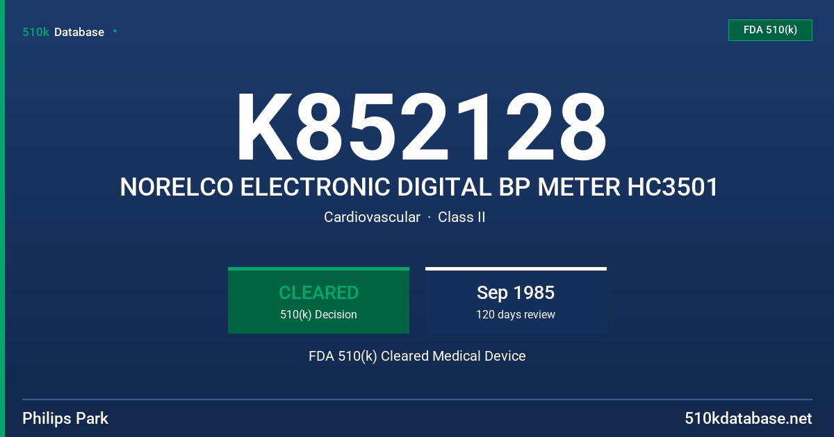 K852128 NORELCO ELECTRONIC DIGITAL BP METER HC3501 FDA 510(k) Cleared Medical Device