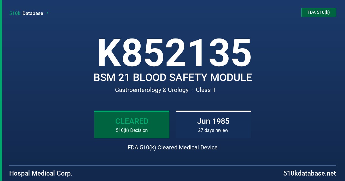 K852135 BSM 21 BLOOD SAFETY MODULE FDA 510(k) Cleared Medical Device