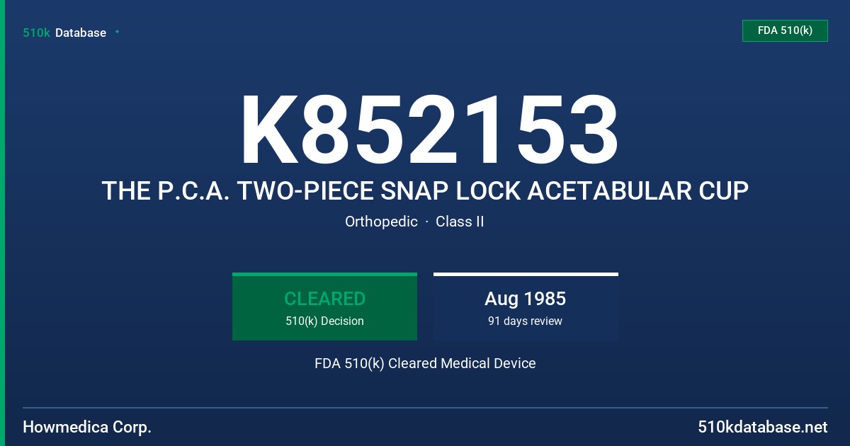 K852153 THE P.C.A. TWO-PIECE SNAP LOCK ACETABULAR CUP FDA 510(k) Cleared Medical Device