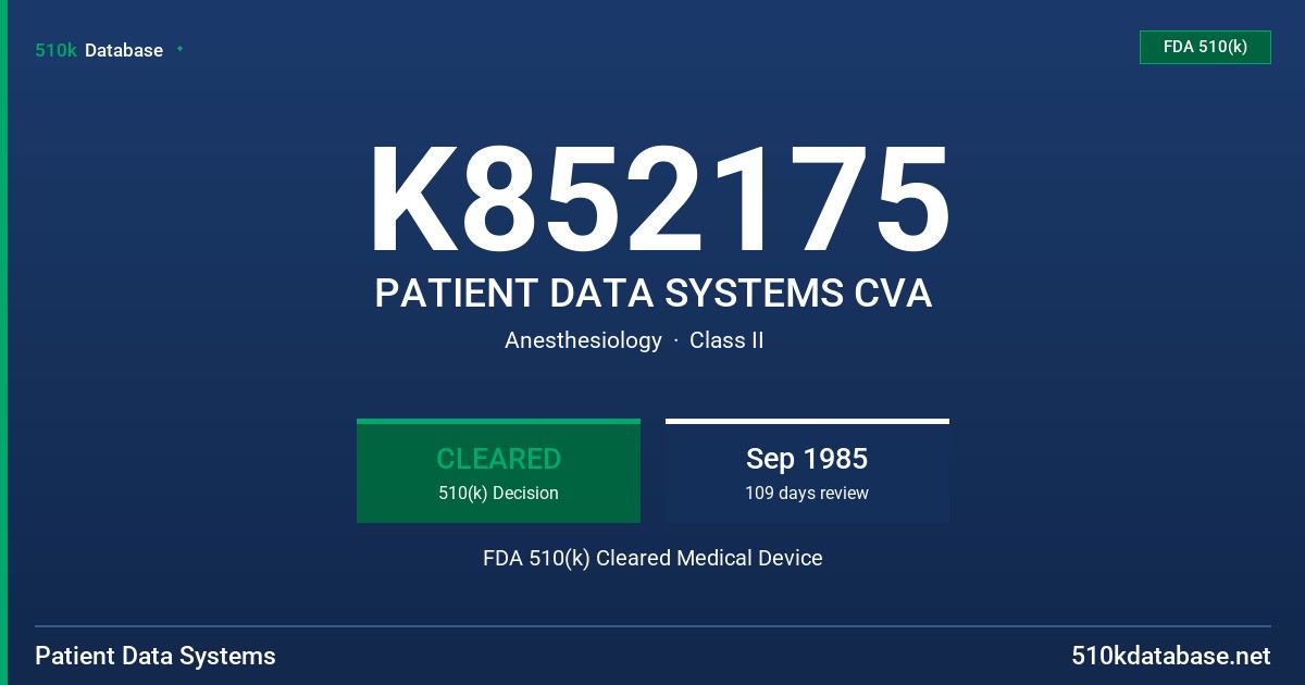 K852175 PATIENT DATA SYSTEMS CVA FDA 510(k) Cleared Medical Device