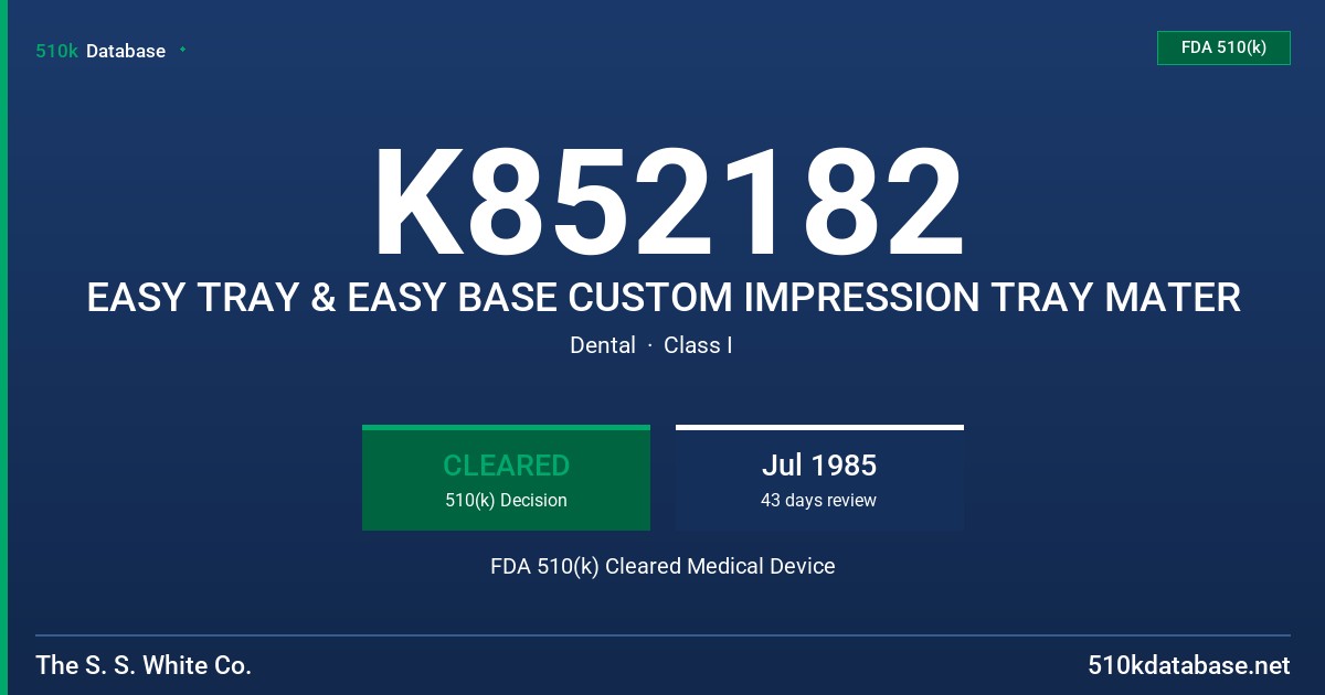 K852182 EASY TRAY & EASY BASE CUSTOM IMPRESSION TRAY MATER FDA 510(k) Cleared Medical Device