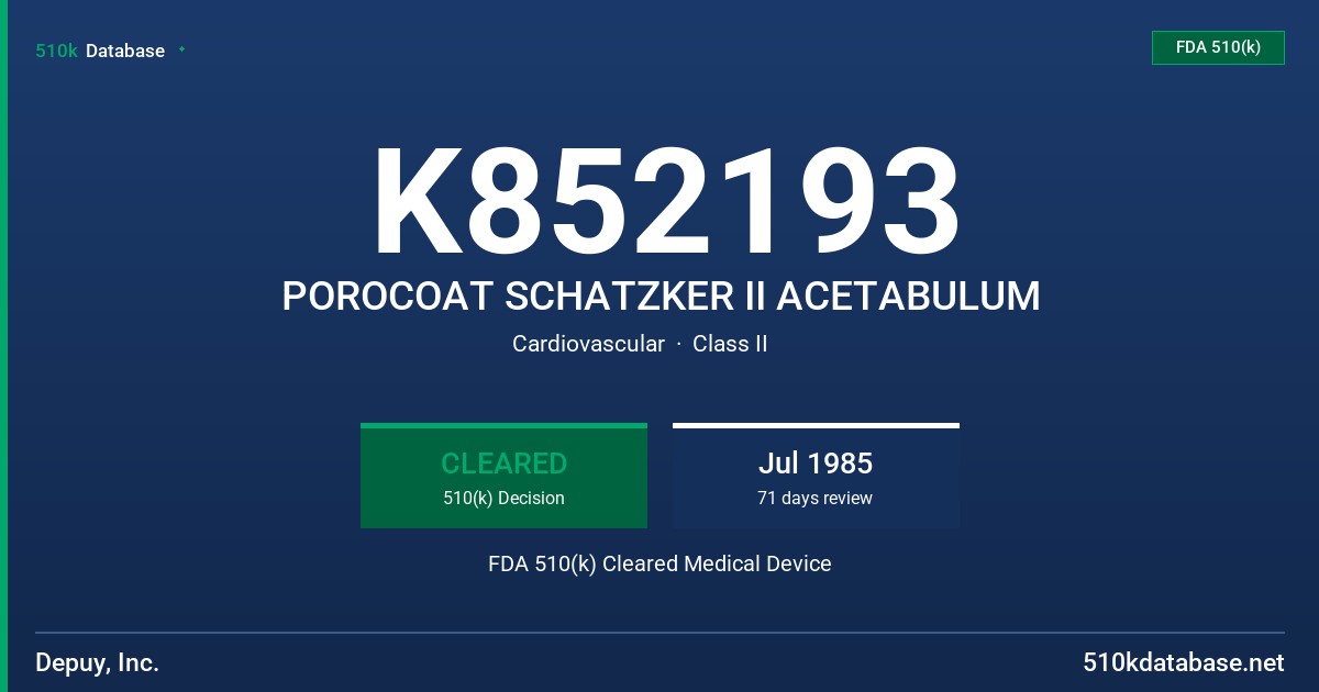 K852193 POROCOAT SCHATZKER II ACETABULUM FDA 510(k) Cleared Medical Device