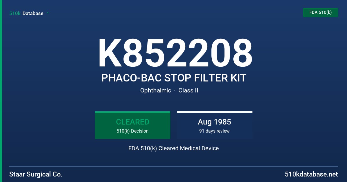 K852208 PHACO-BAC STOP FILTER KIT FDA 510(k) Cleared Medical Device