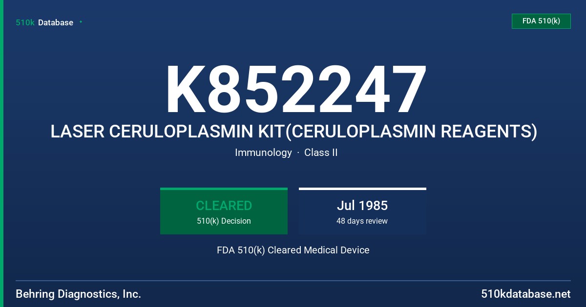 K852247 LASER CERULOPLASMIN KIT(CERULOPLASMIN REAGENTS) FDA 510(k) Cleared Medical Device