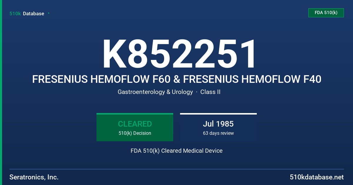K852251 FRESENIUS HEMOFLOW F60 & FRESENIUS HEMOFLOW F40 FDA 510(k) Cleared Medical Device