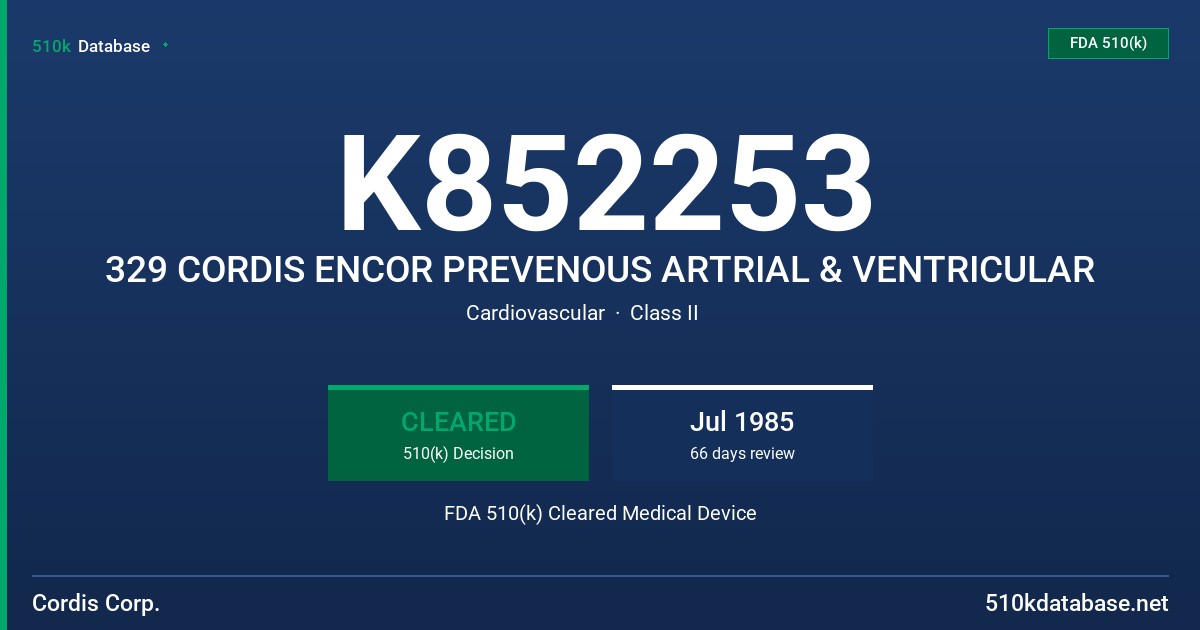 K852253 329 CORDIS ENCOR PREVENOUS ARTRIAL & VENTRICULAR FDA 510(k) Cleared Medical Device