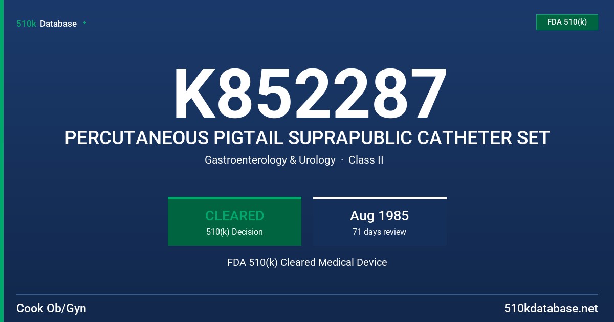 K852287 PERCUTANEOUS PIGTAIL SUPRAPUBLIC CATHETER SET FDA 510(k) Cleared Medical Device