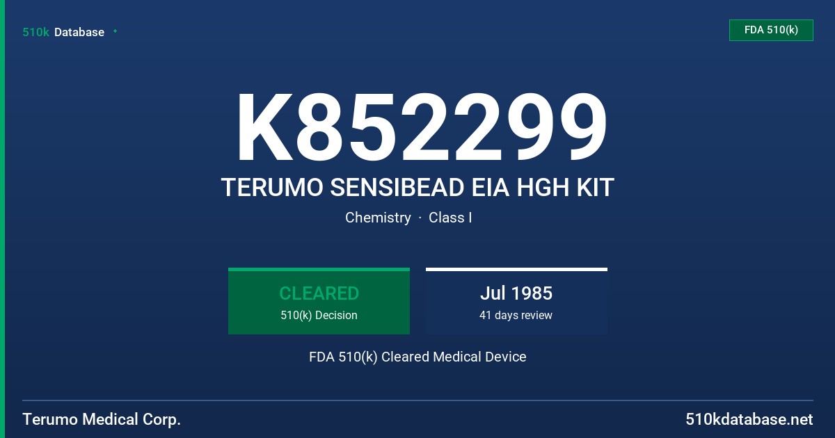 K852299 TERUMO SENSIBEAD EIA HGH KIT FDA 510(k) Cleared Medical Device